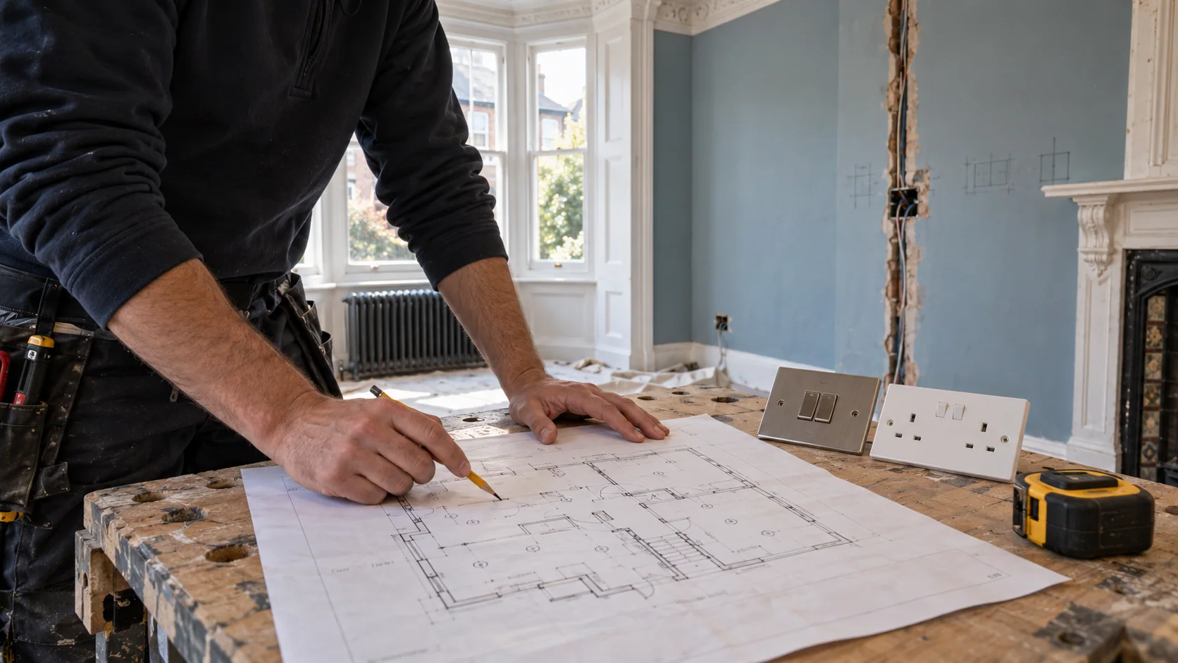 Electrician reviewing electrical layouts in a period home before rewiring