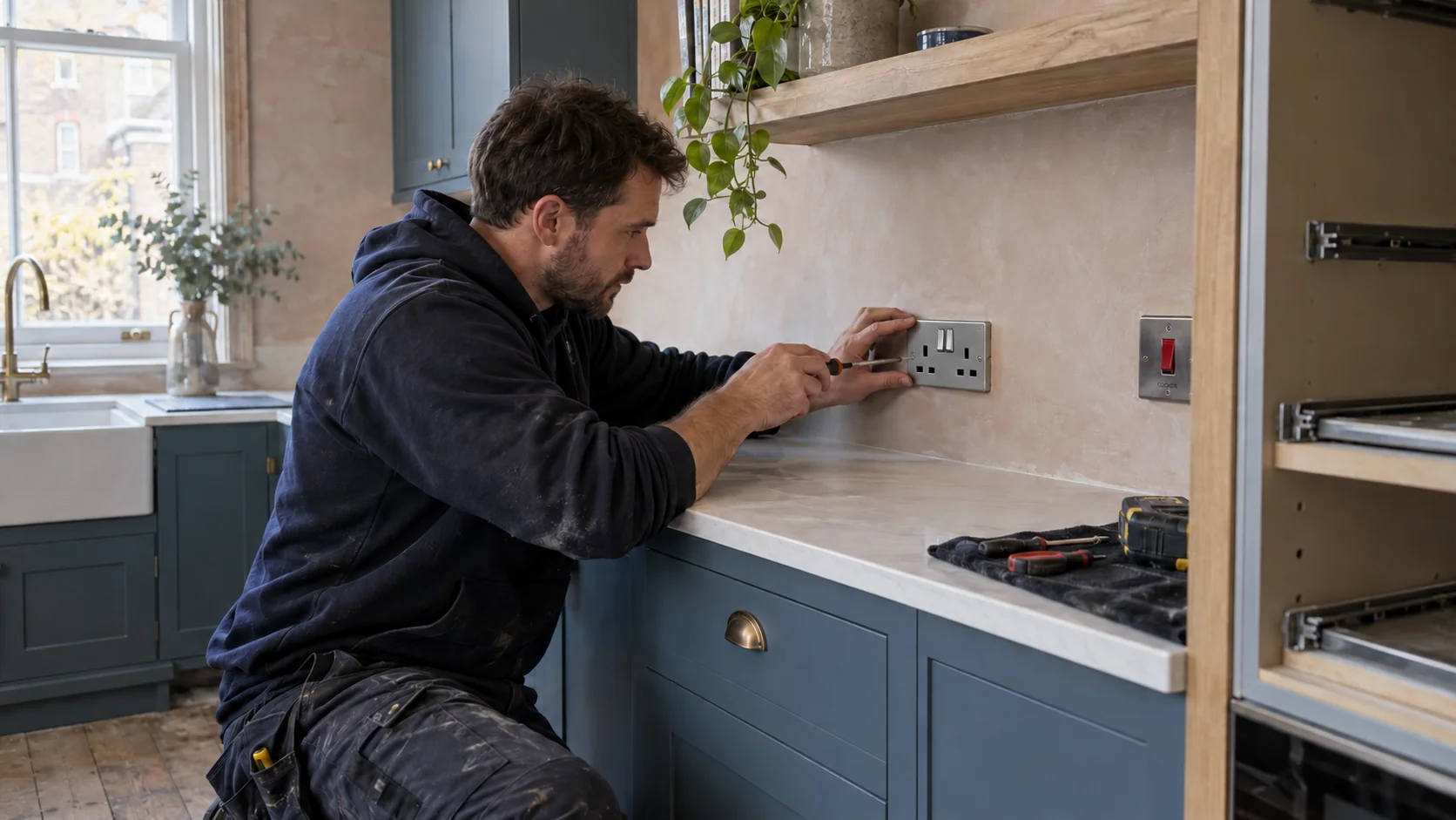 Electrician fitting a socket faceplate during a kitchen electrical refurbishment