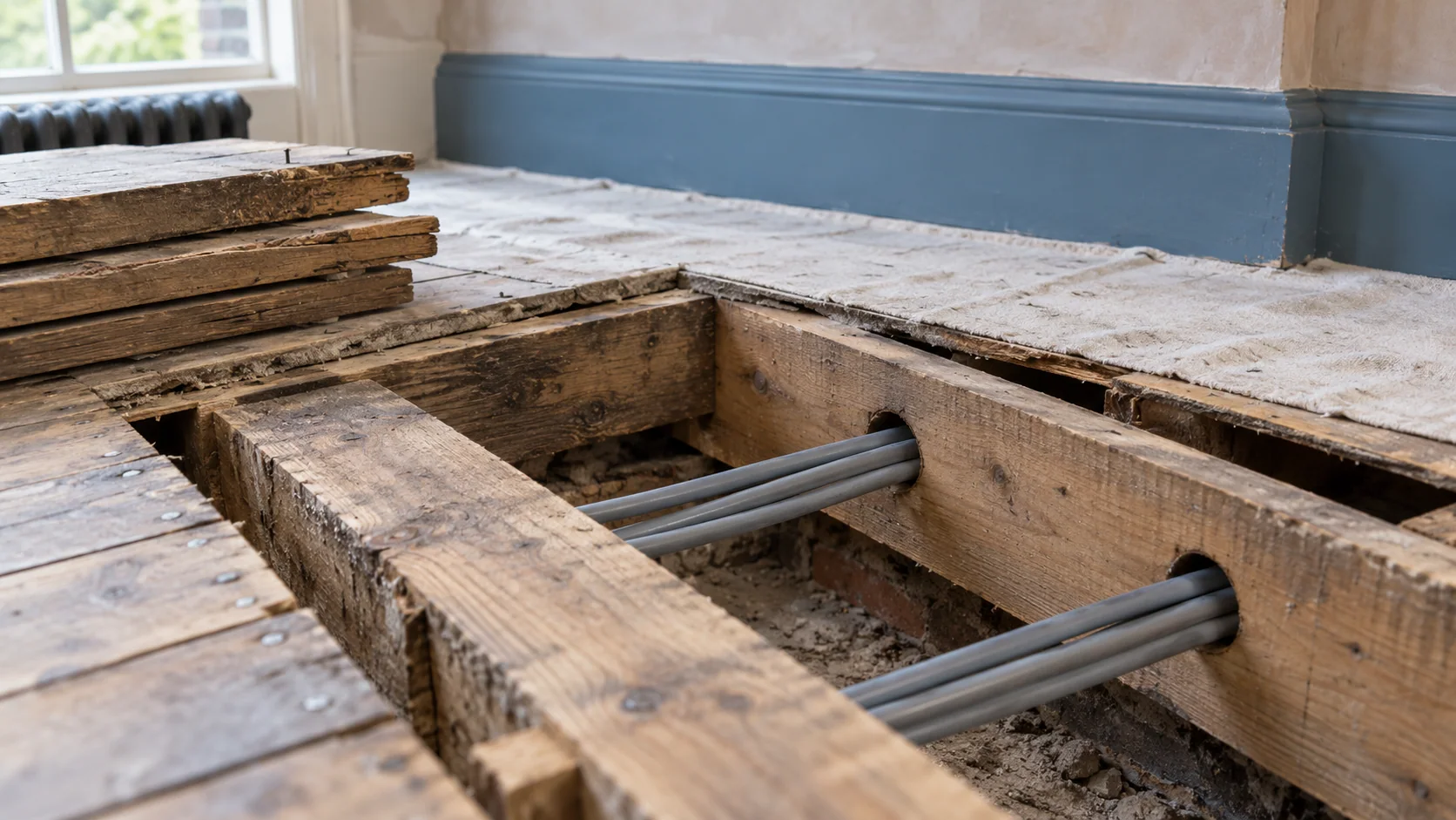 New sheathed electrical cables routed beneath carefully lifted timber floorboards