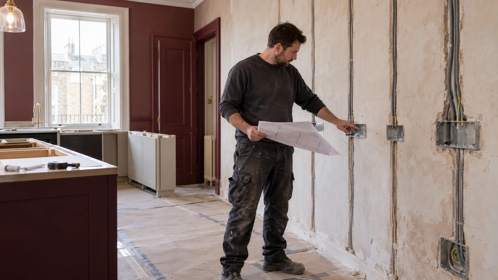 Electrician checking electrical point positions against a kitchen plan during first-fix refurbishment