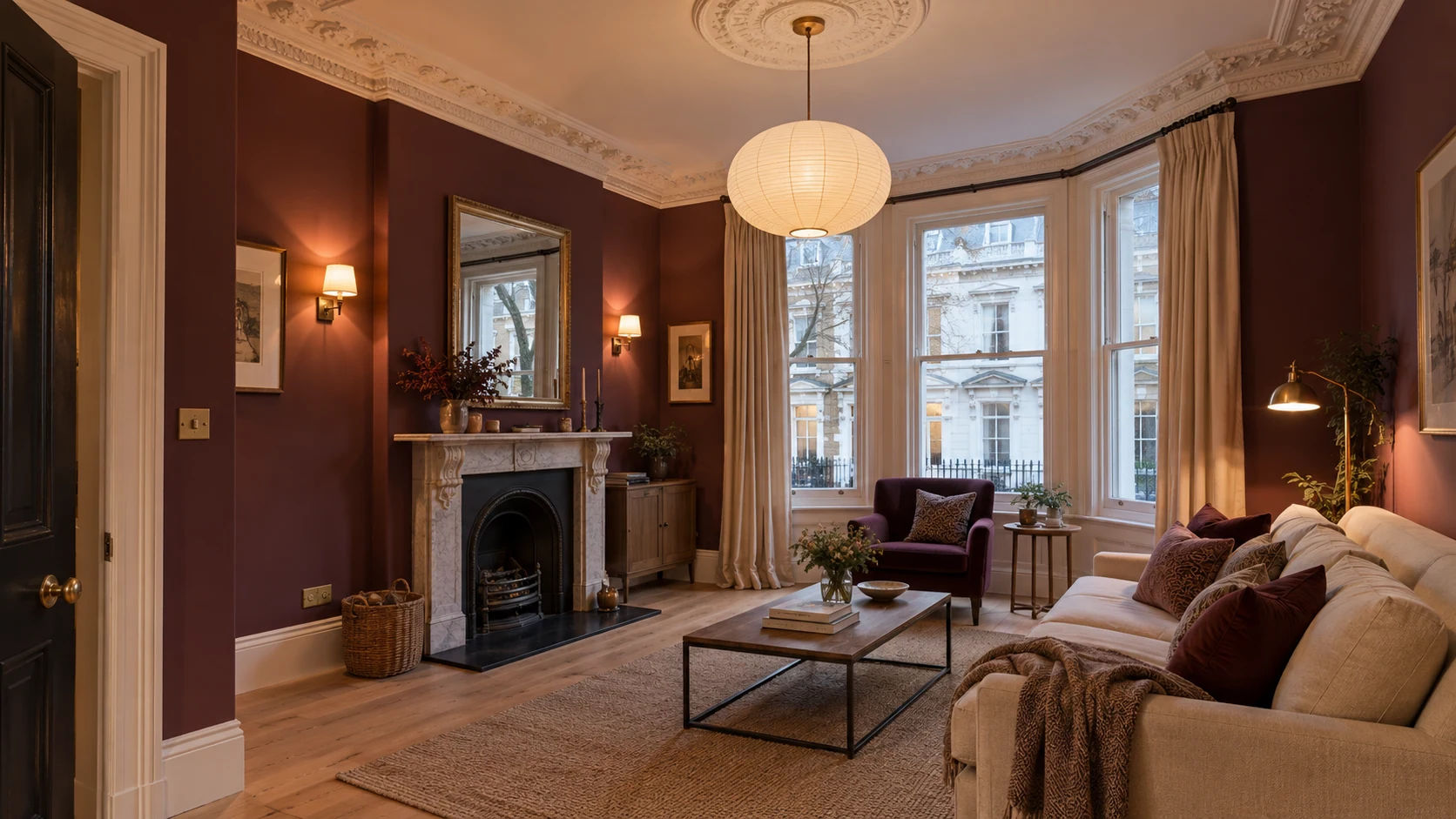 Finished period apartment with layered lighting, discreet electrical accessories and retained decorative cornices