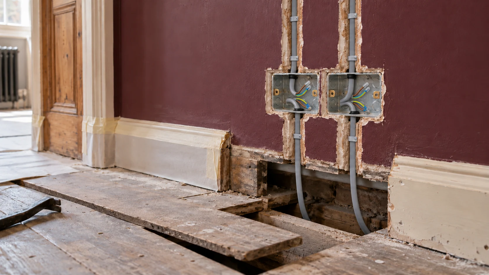 Exposed electrical cable routes entering a lifted floor section beside a retained skirting board