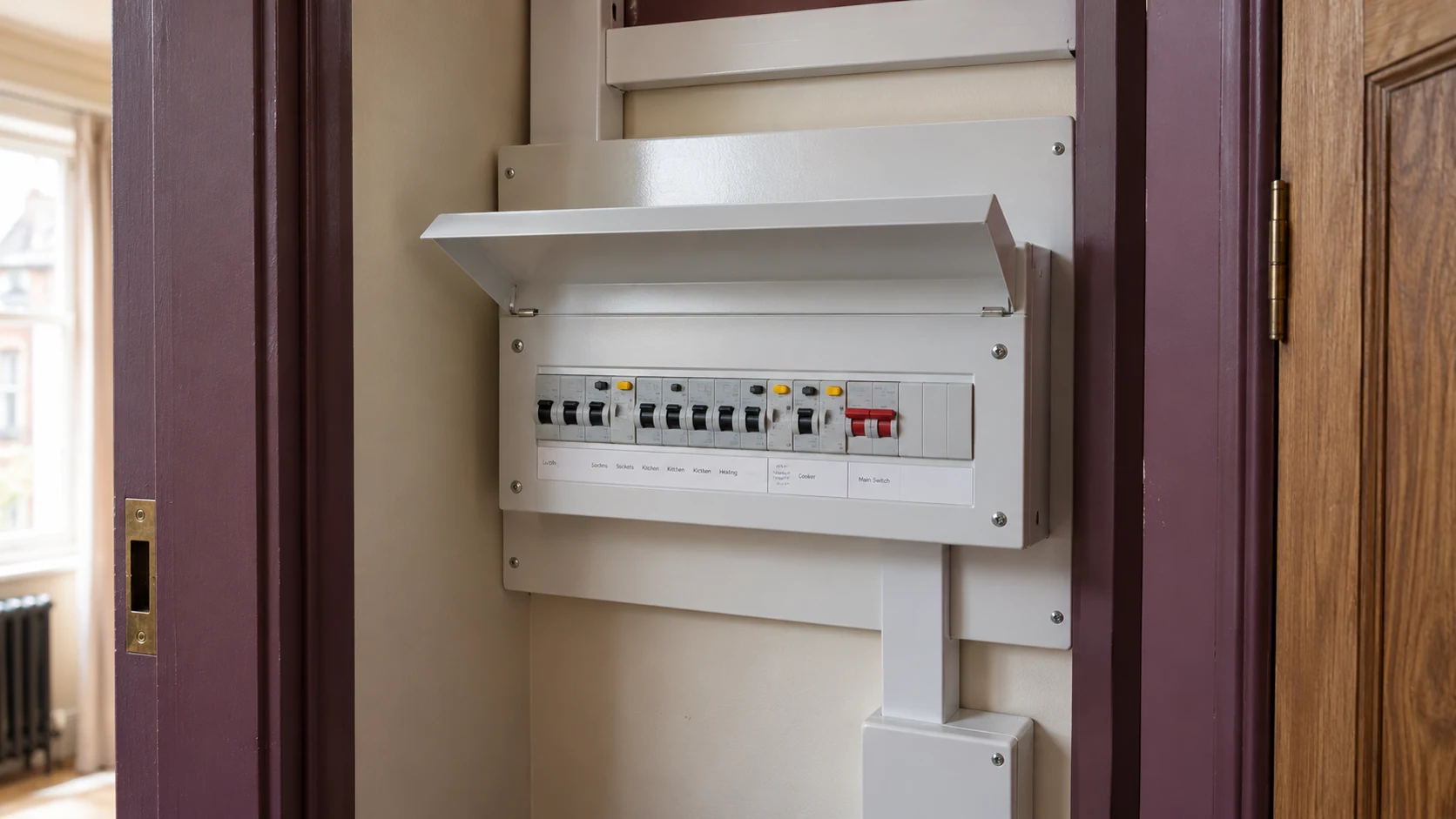 Metal consumer unit with its protective front fitted and access flap open inside a residential service cupboard