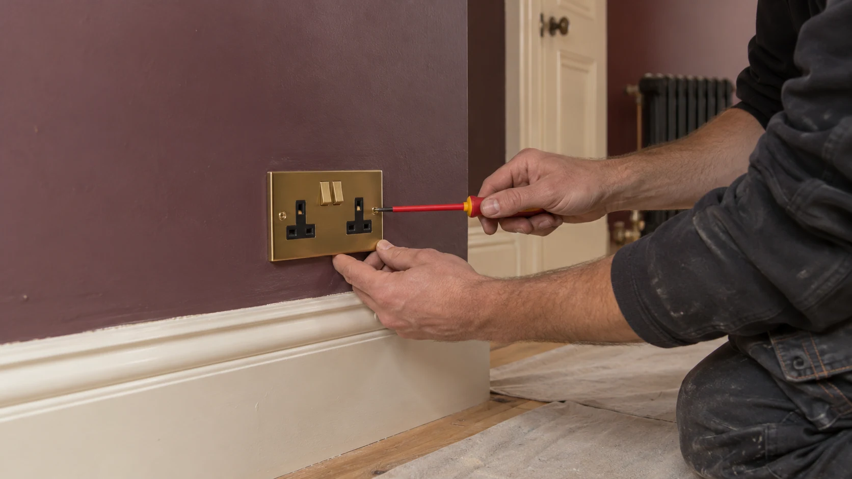 Electrician securing a brushed-brass double socket to a restored plaster wall during second fix