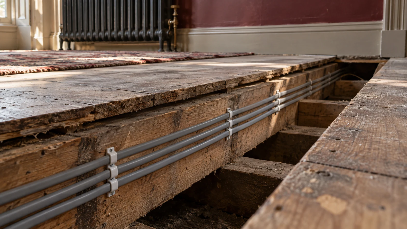New electrical cables visible beside a timber joist beneath temporarily lifted floorboards