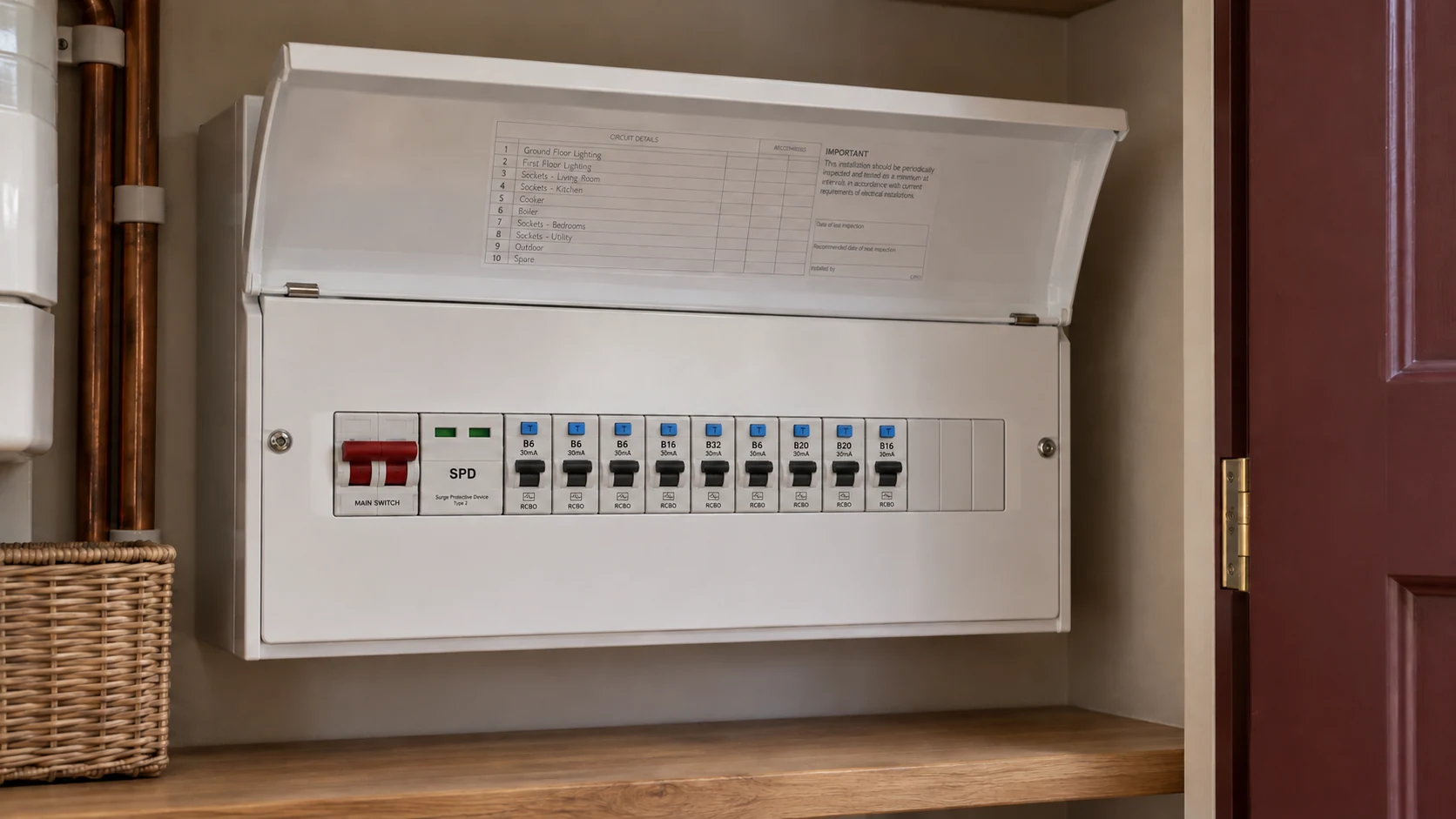 Metal domestic consumer unit with its hinged lid raised and protective front cover fitted