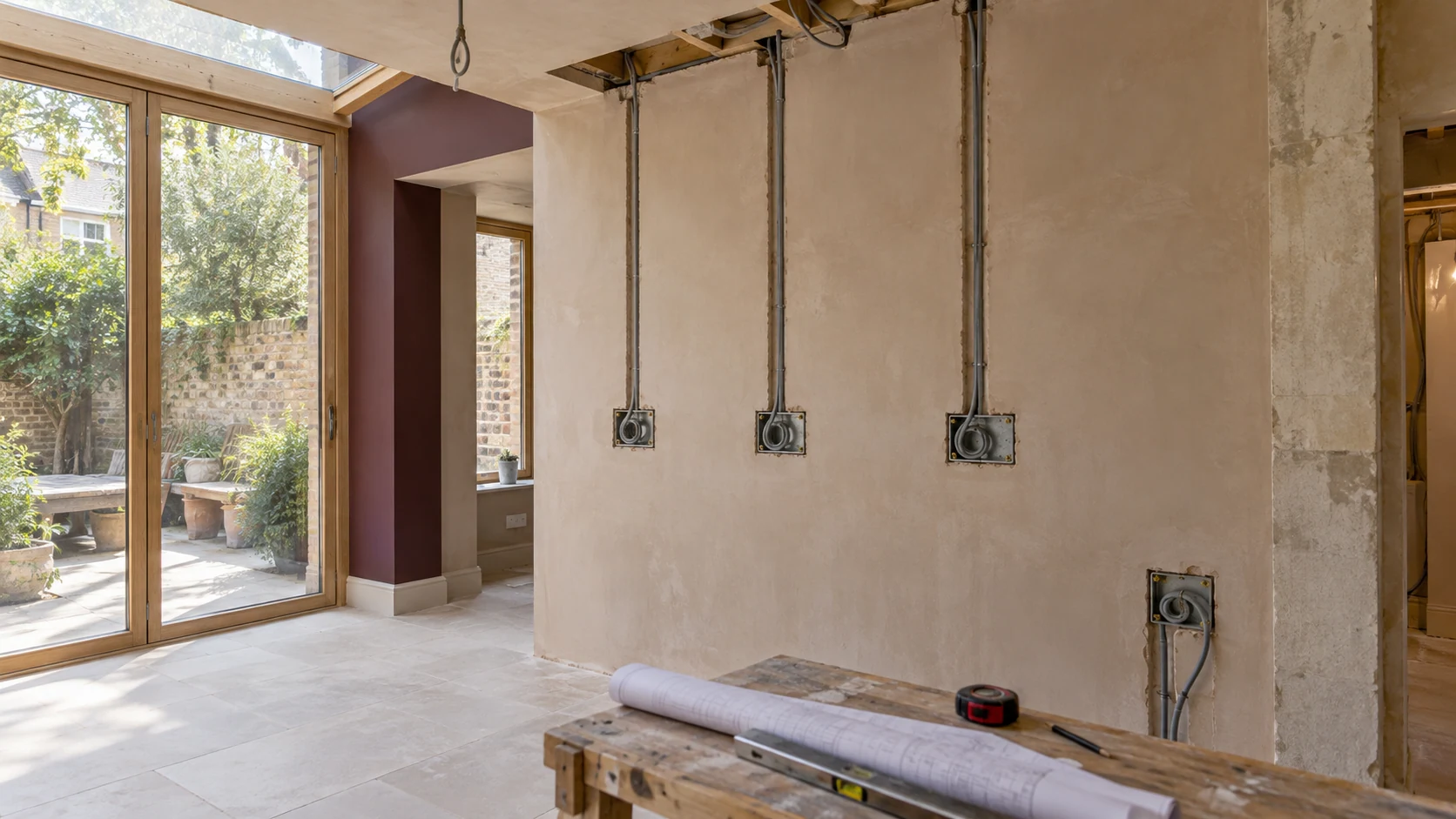 Kitchen refurbishment with recessed electrical boxes and vertical cable routes before cabinetry is installed