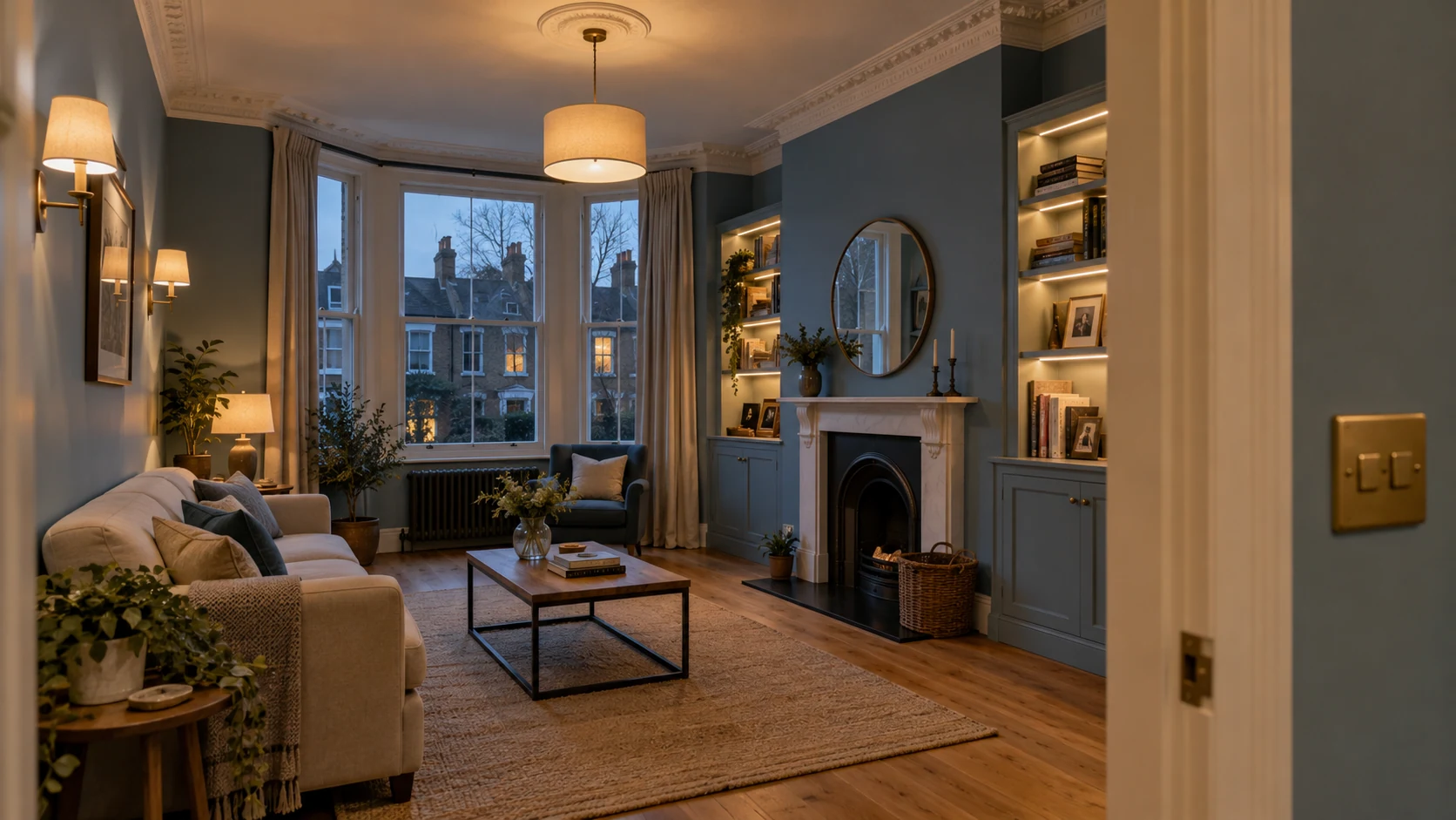Finished blue-painted London reception room with layered lighting and neatly positioned sockets and switches.