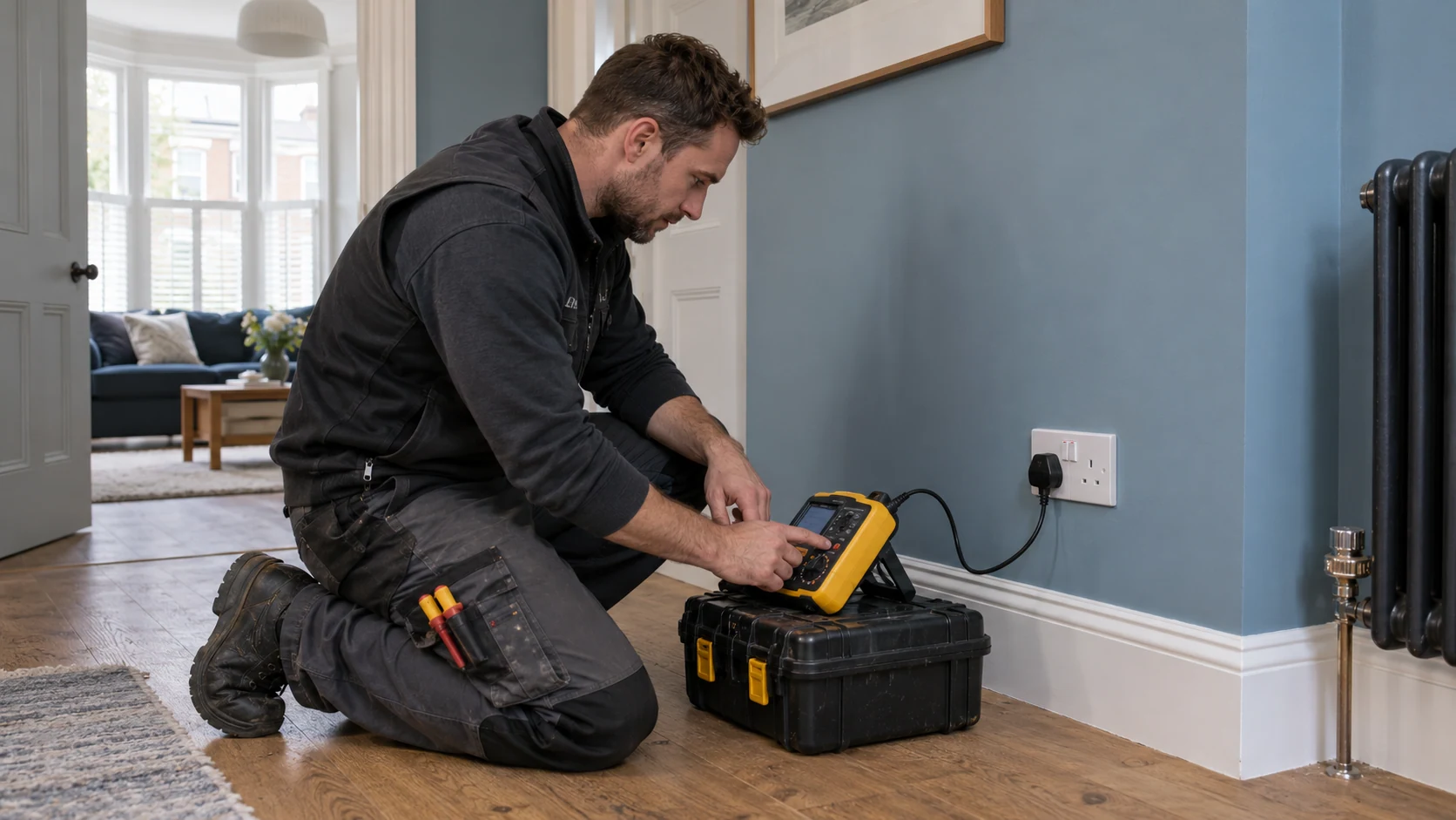 Electrician using a yellow multifunction installation tester connected to a UK socket during final electrical testing.