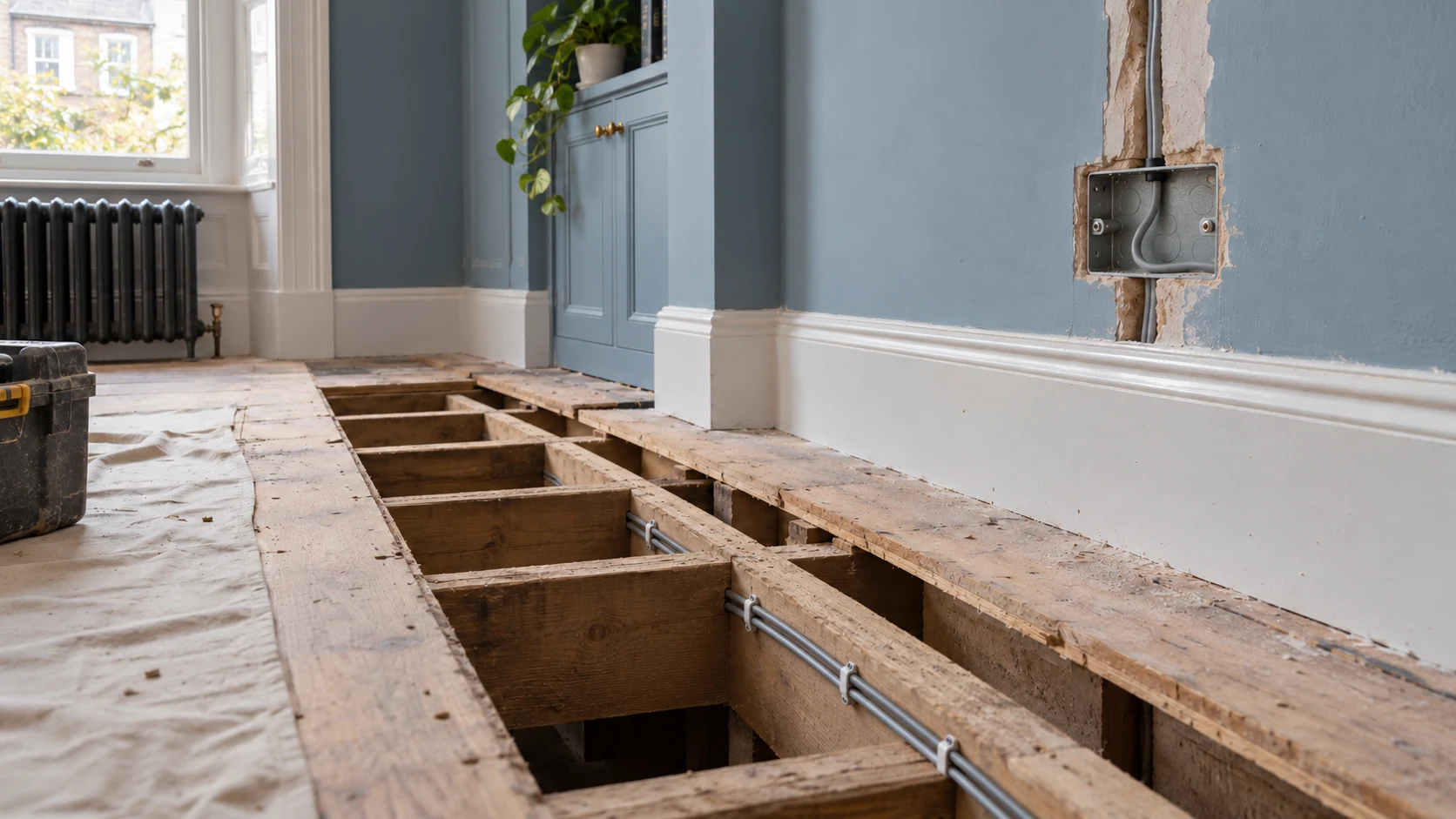 New sheathed electrical cables clipped alongside a timber joist beneath lifted floorboards during a house rewire.