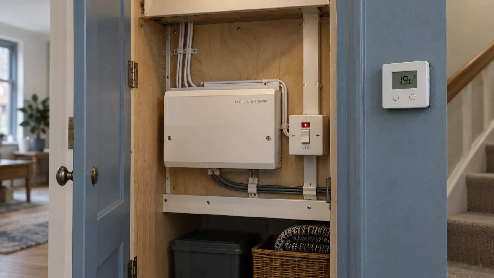 Accessible heating wiring centre, fused connection unit and thermostat prepared as part of a coordinated electrical installation.