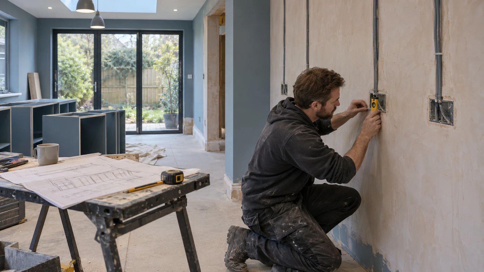 Electrician checking recessed socket boxes and cable routes before kitchen cabinets are installed.