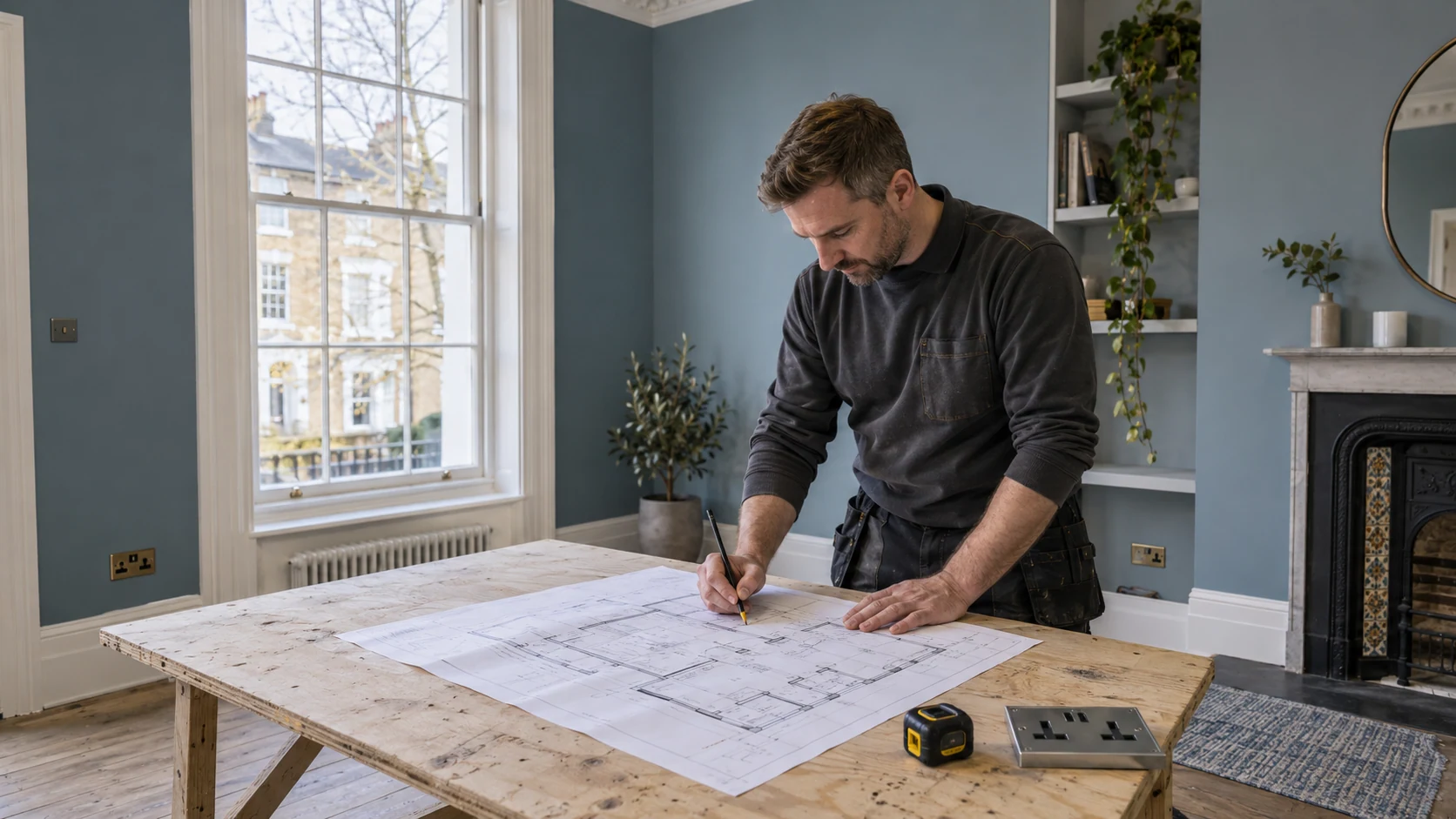 Electrician reviewing a room layout and electrical-point positions during a residential rewiring survey.