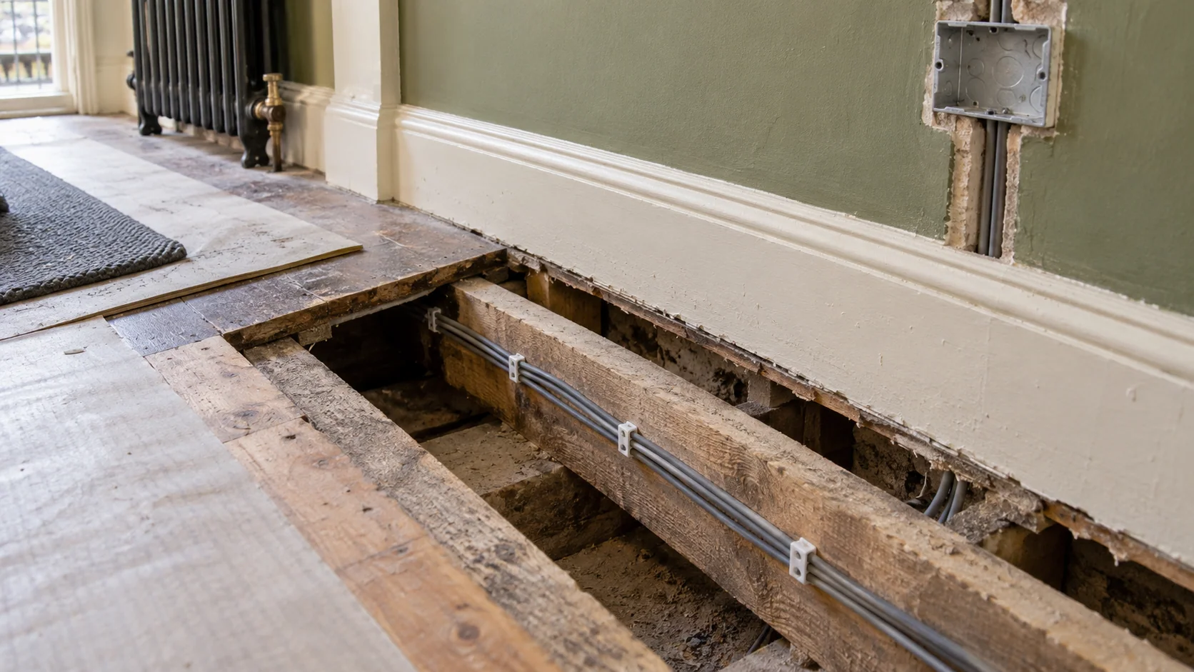 Grey electrical cables routed along an accessible timber floor void during a flat refurbishment.