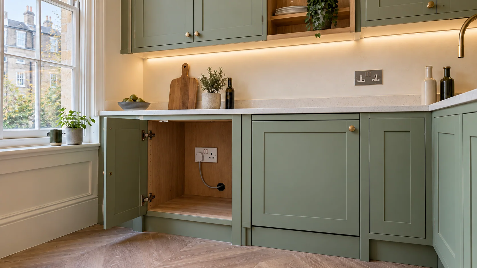 Kitchen installation with accessible appliance connections and coordinated electrical points before final fitting.