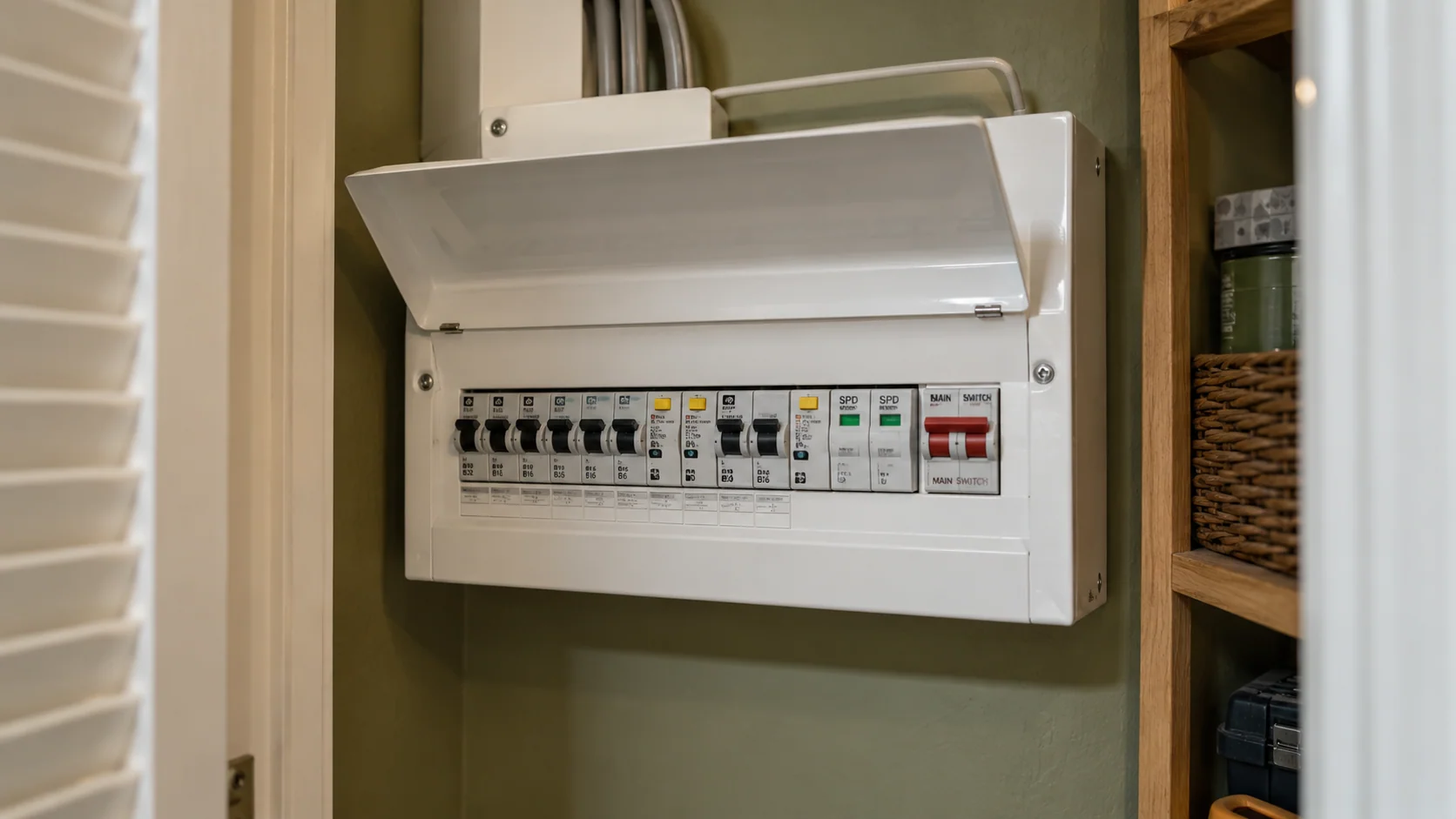 Metal consumer unit with a protected row of circuit devices in a residential service cupboard.