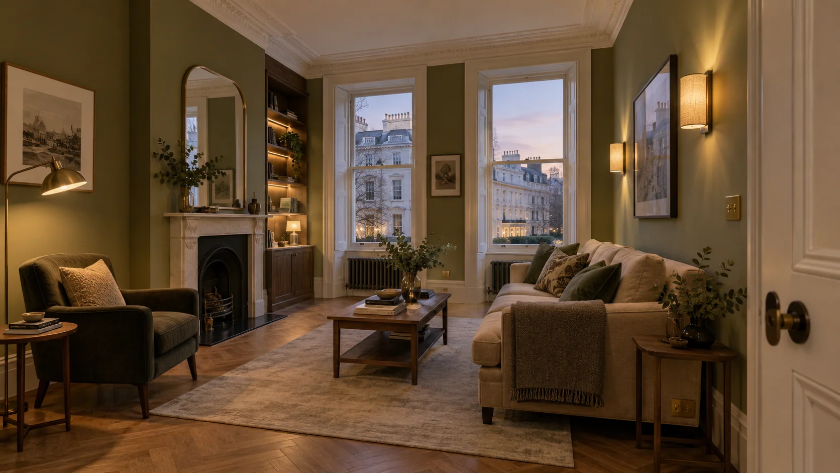 Finished olive-green reception room with layered wall, ceiling and reading lighting in a period apartment.