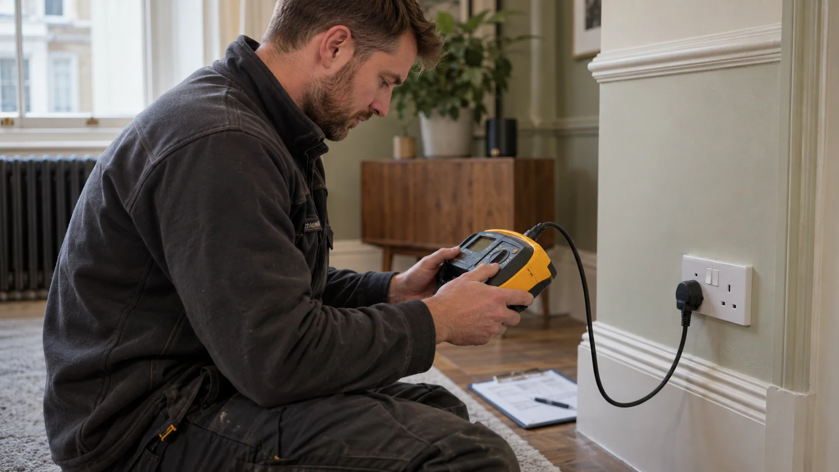 Electrician using a yellow installation tester connected to a UK socket, with the display facing the operator.
