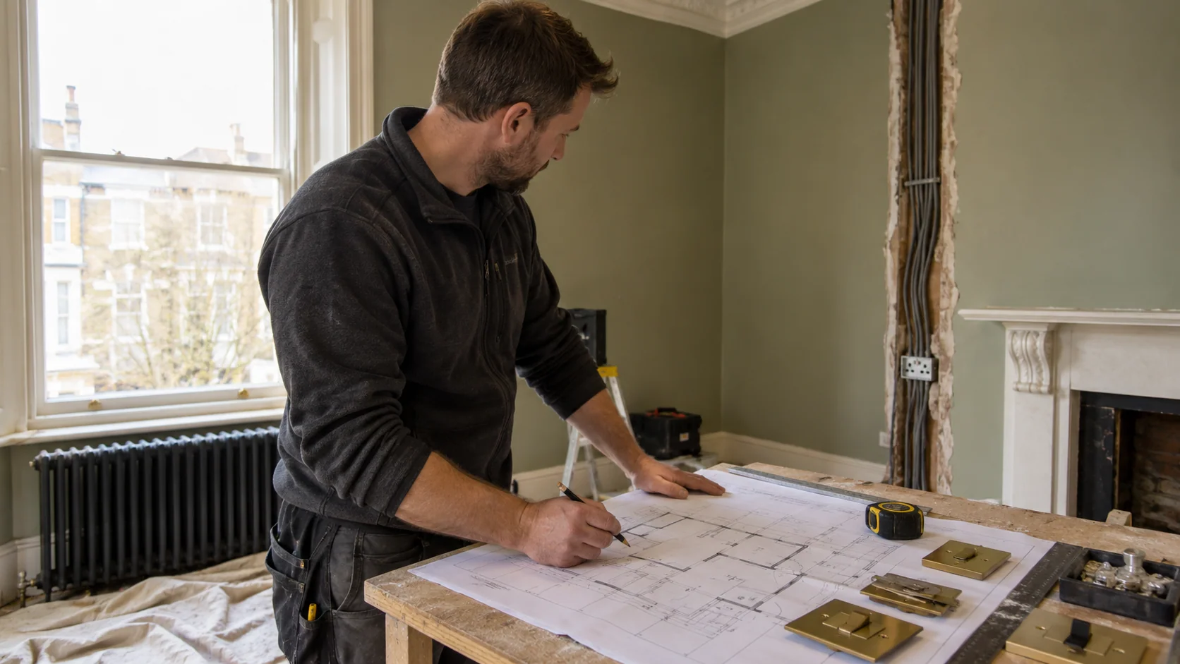 Electrician reviewing a room layout and electrical point positions in a period apartment.