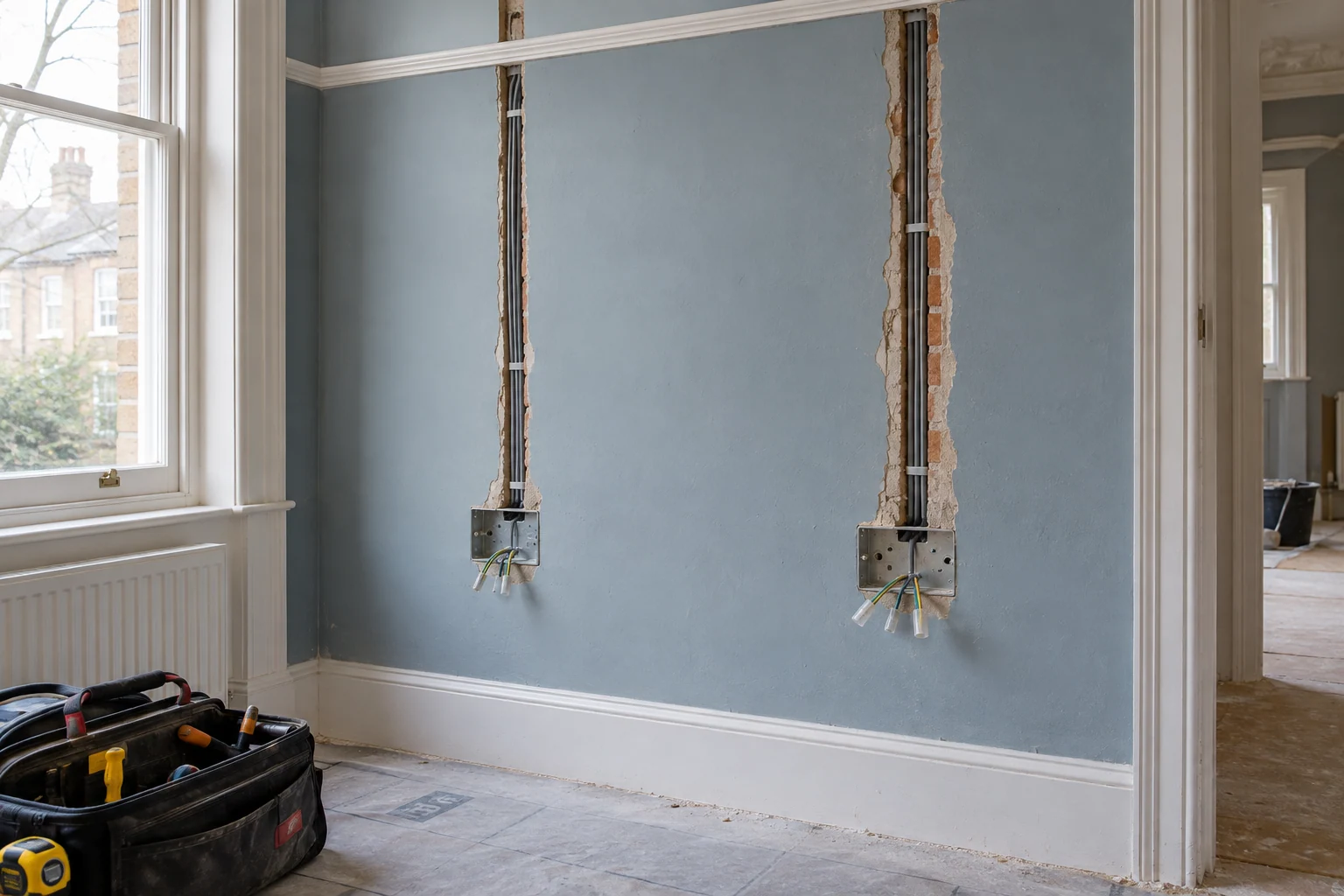 First-fix electrical work with vertical cable routes and socket back boxes in a flat being renovated.