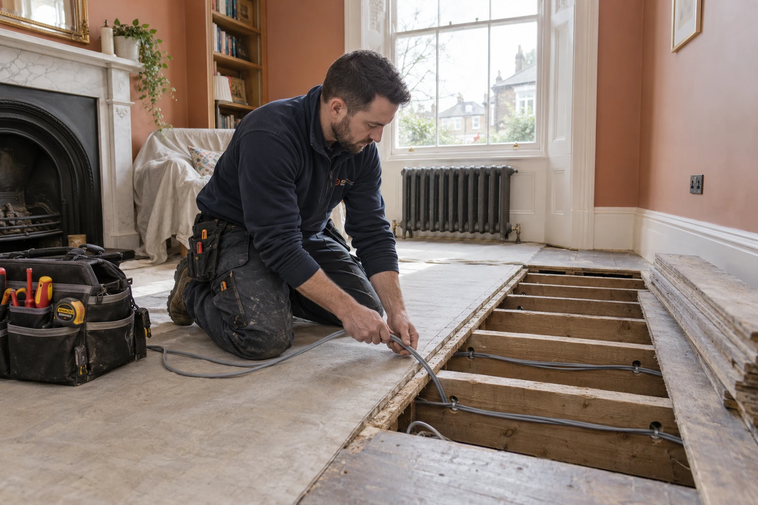Electrician routing new electrical cables beneath lifted timber floorboards in a period home.