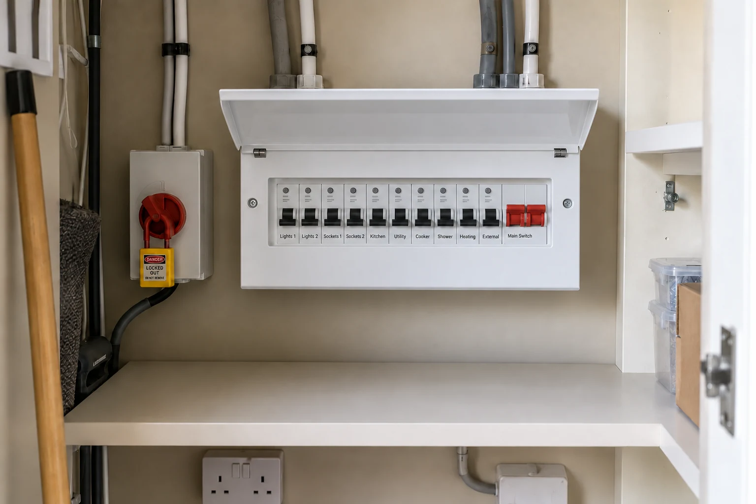 Metal consumer unit with a fitted protective cover and labelled circuits in a utility cupboard.