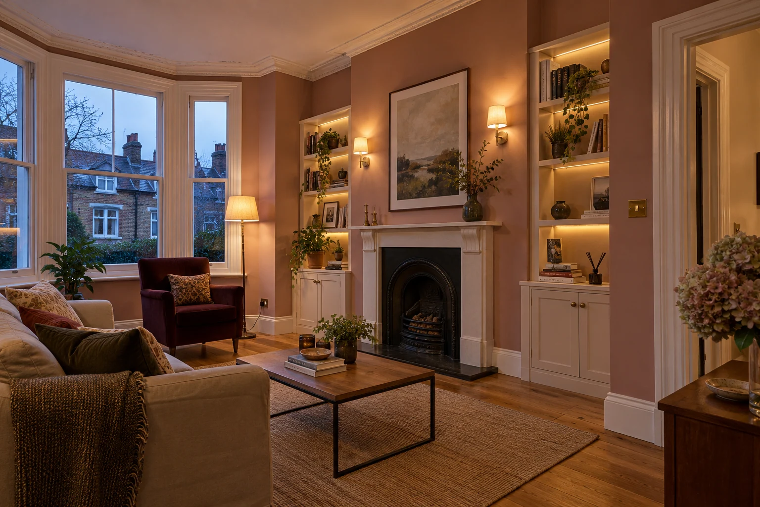 Finished period living room with layered lighting and discreet sockets and switches.