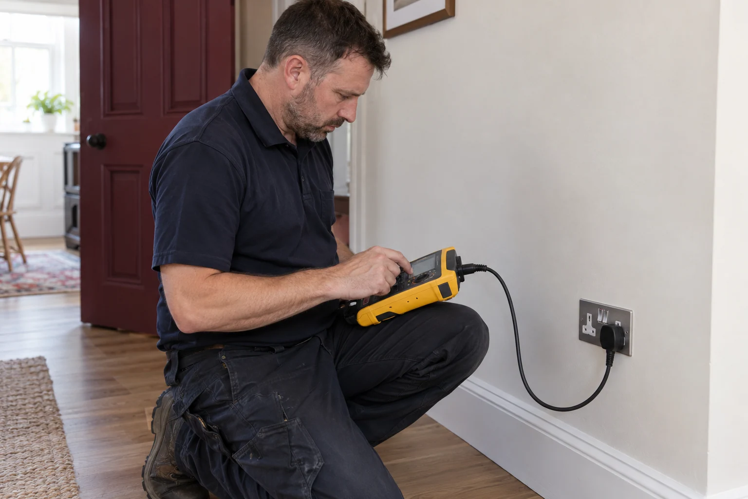 Electrician checking a completed socket circuit with a yellow installation tester.