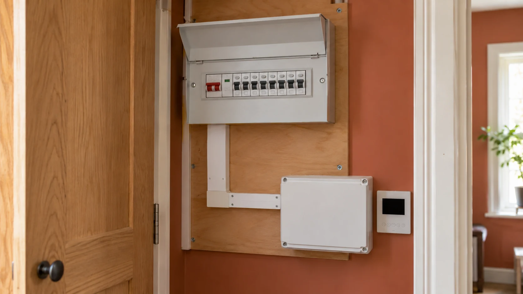 Consumer unit, heating wiring centre and thermostat mounted with orderly cable containment in a utility cupboard.