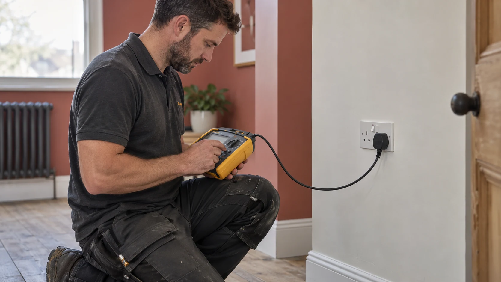 Electrician using a yellow installation tester connected to a UK socket, with the display facing him.