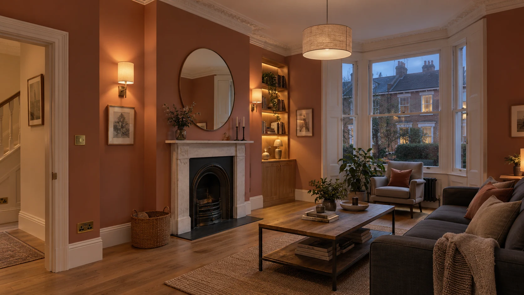 Finished period living room with layered lighting, terracotta walls and neatly positioned switches and sockets.