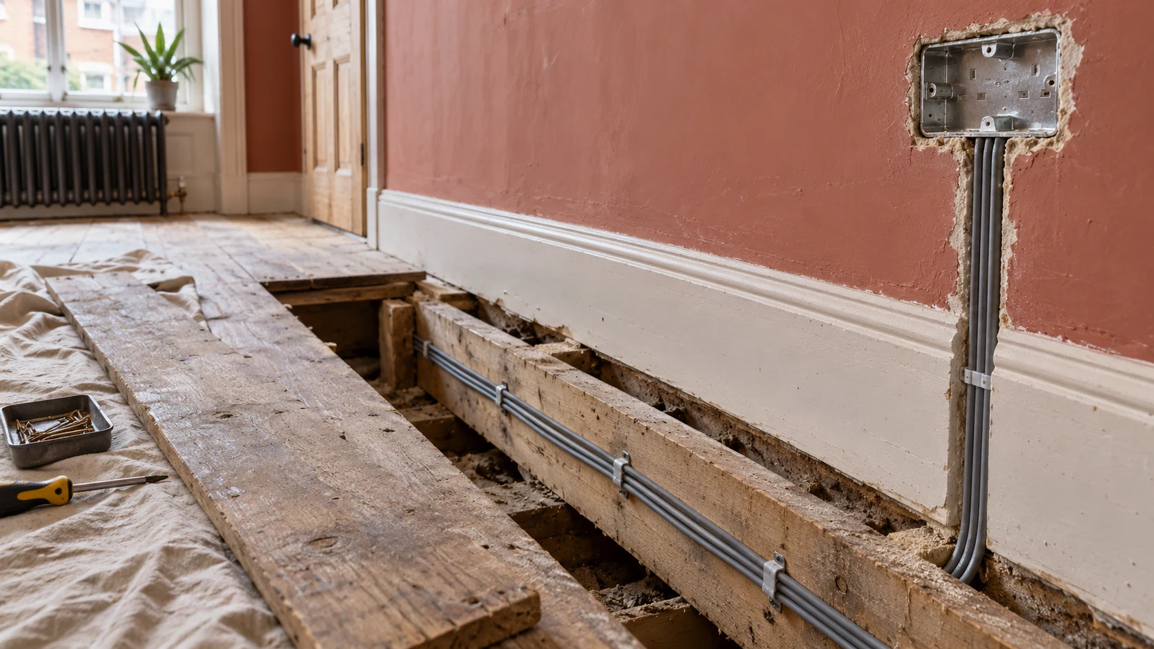 Grey electrical cables clipped along a timber joist beneath lifted floorboards during a house rewire.