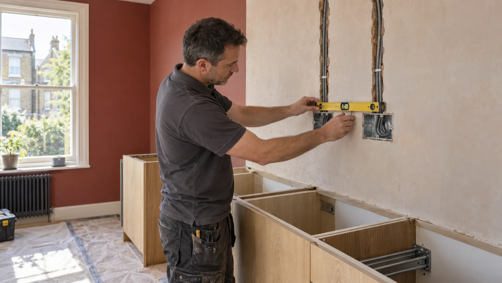 Electrician checking the alignment of recessed electrical back boxes in a kitchen under refurbishment.