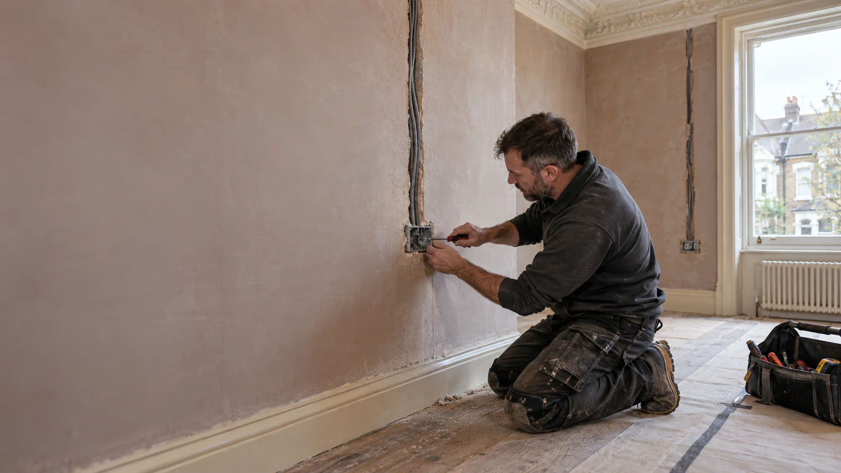 Electrician fitting a recessed back box with vertical cable routes during a period-home rewire