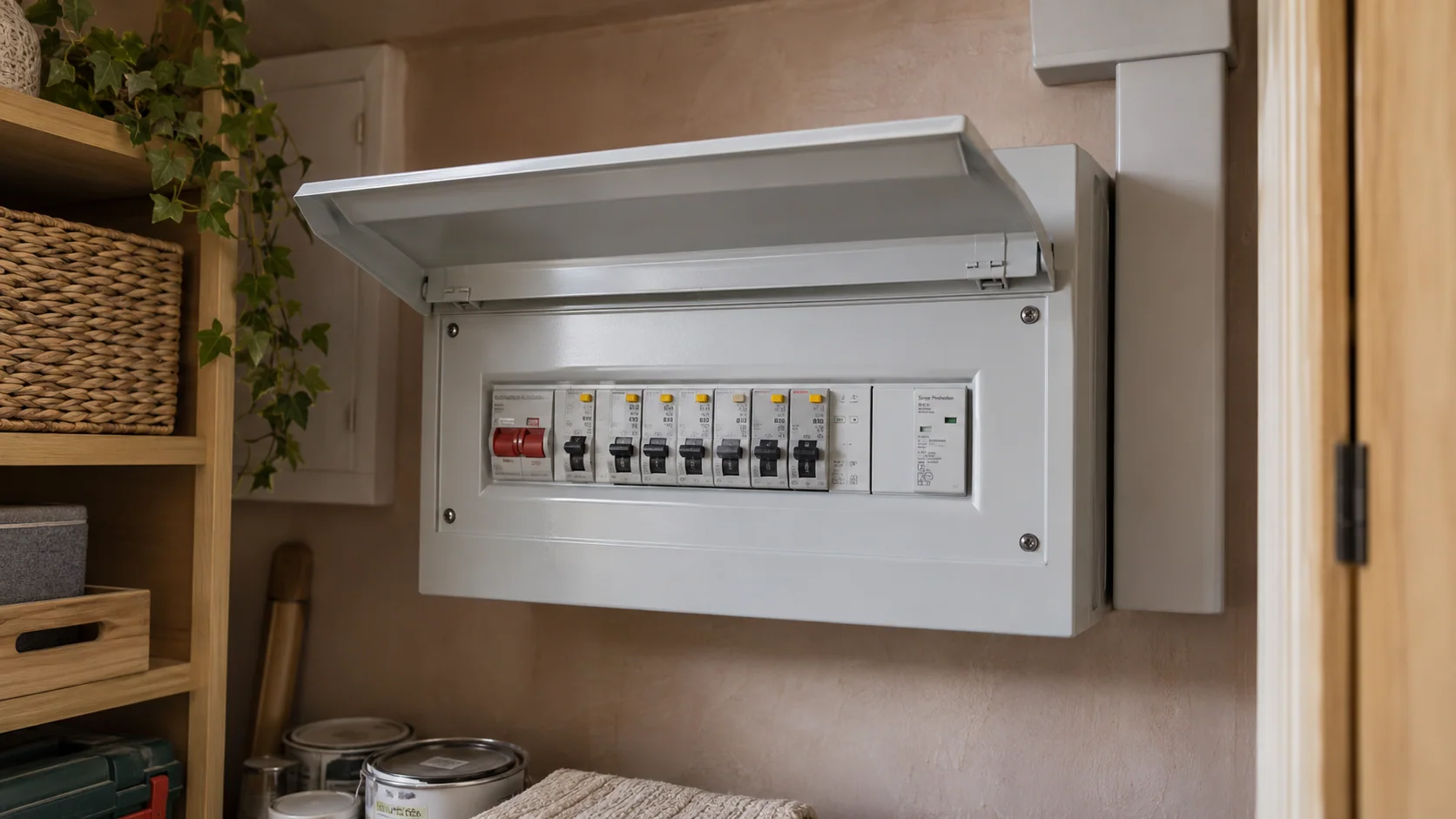 Metal consumer unit with covered circuit devices in an accessible domestic service cupboard