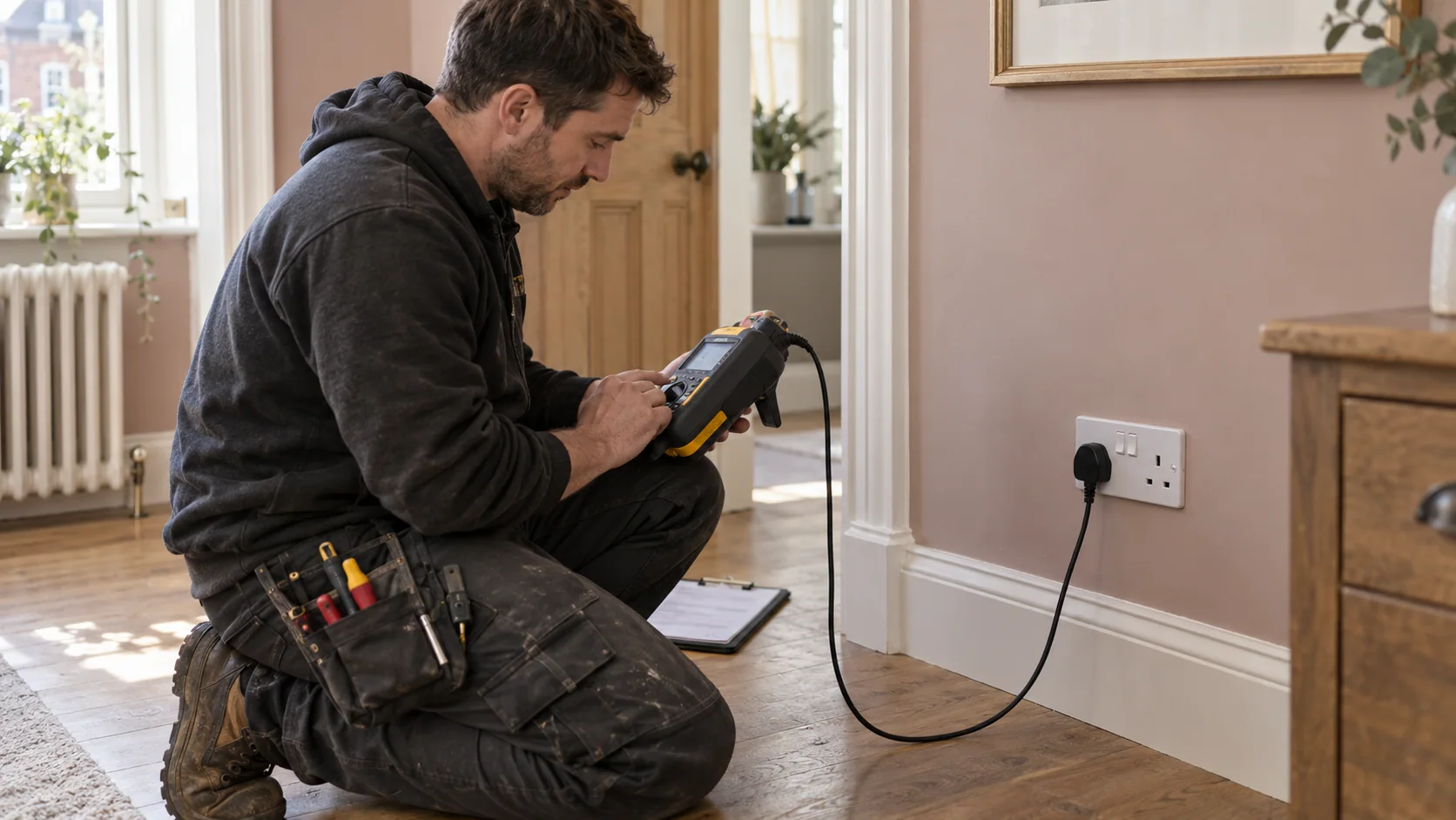 Electrician using a multifunction installation tester connected to a finished UK socket