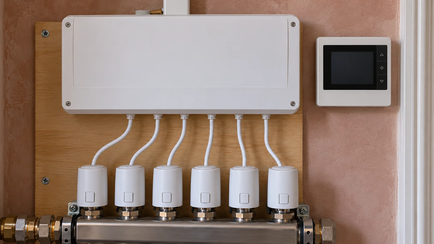 Closed heating wiring centre with six actuator connections and a wall-mounted thermostat
