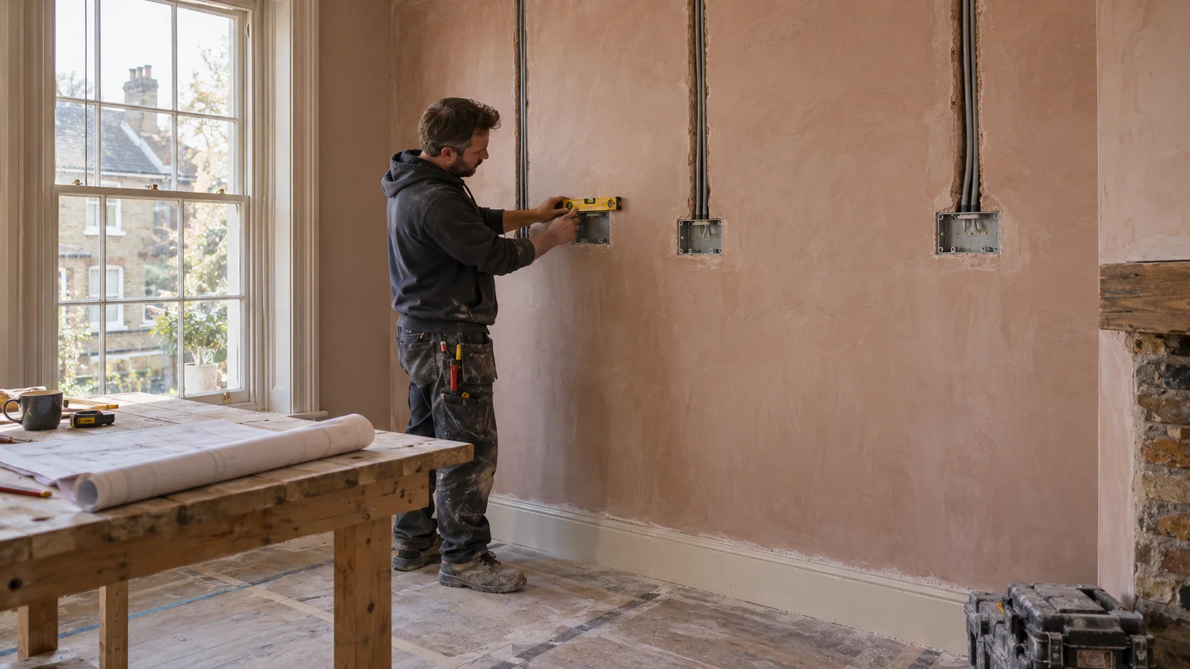 Electrician checking socket positions and vertical cable routes before kitchen units are installed