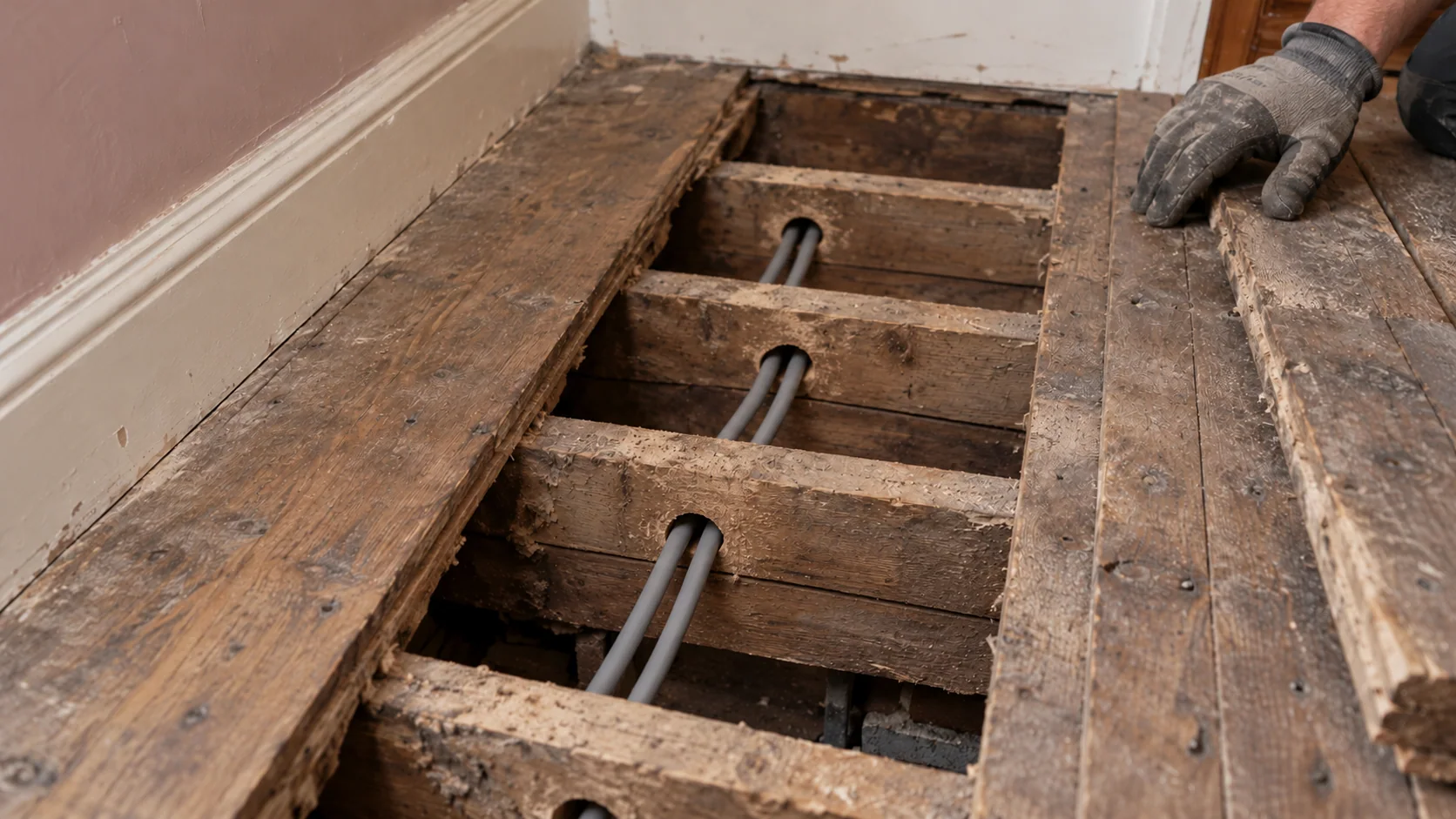 Grey electrical cables routed beneath carefully lifted timber floorboards in a period home