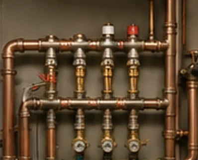 Copper and brass pipework with a manifold and isolation valves.
