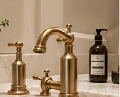 Traditional brass bridge mixer tap on a marble sink.