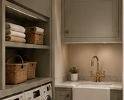 Neat utility room with open shelving, woven storage baskets and a brass tap over a butler sink.