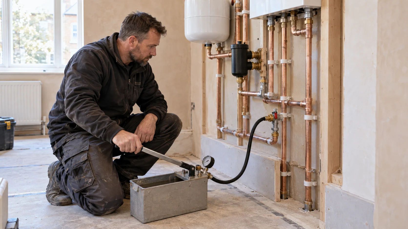 Heating installer checking a connected manual pressure-test pump before pipework is enclosed.