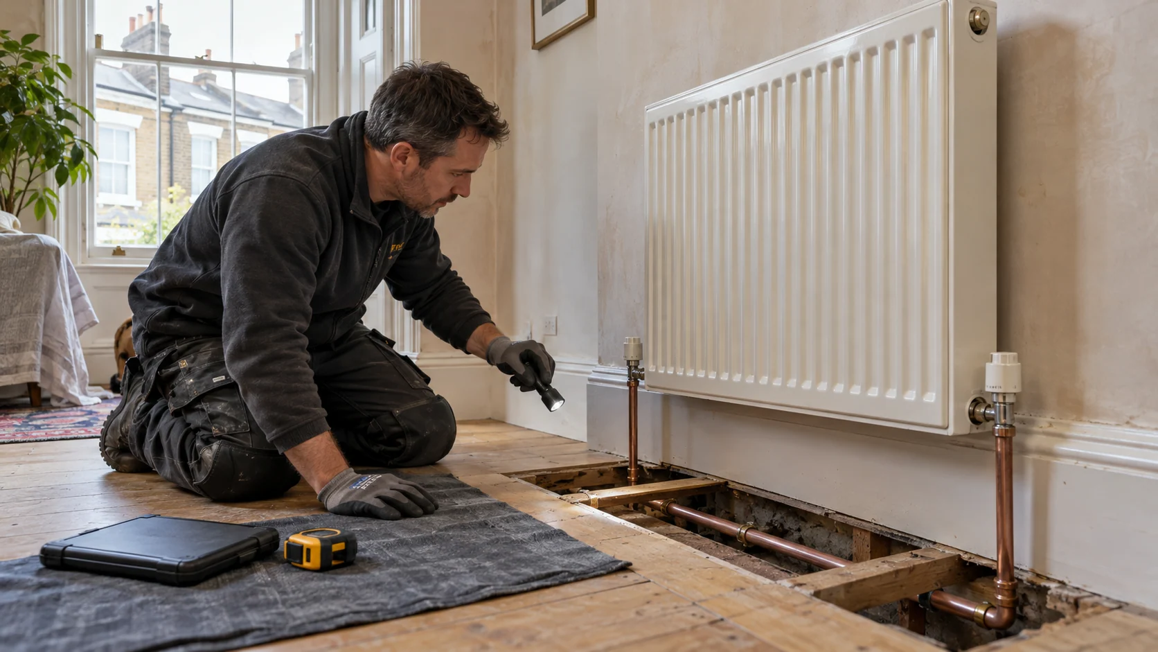 Heating engineer inspecting an existing radiator and pipe routes in a period house.