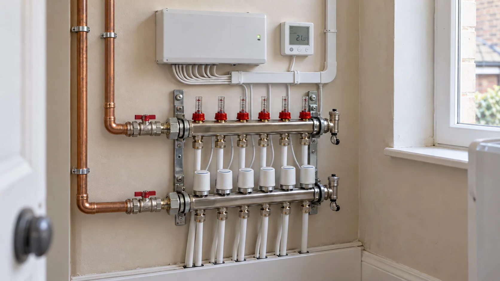 Heating manifold with flow gauges, thermal actuators and enclosed control wiring.