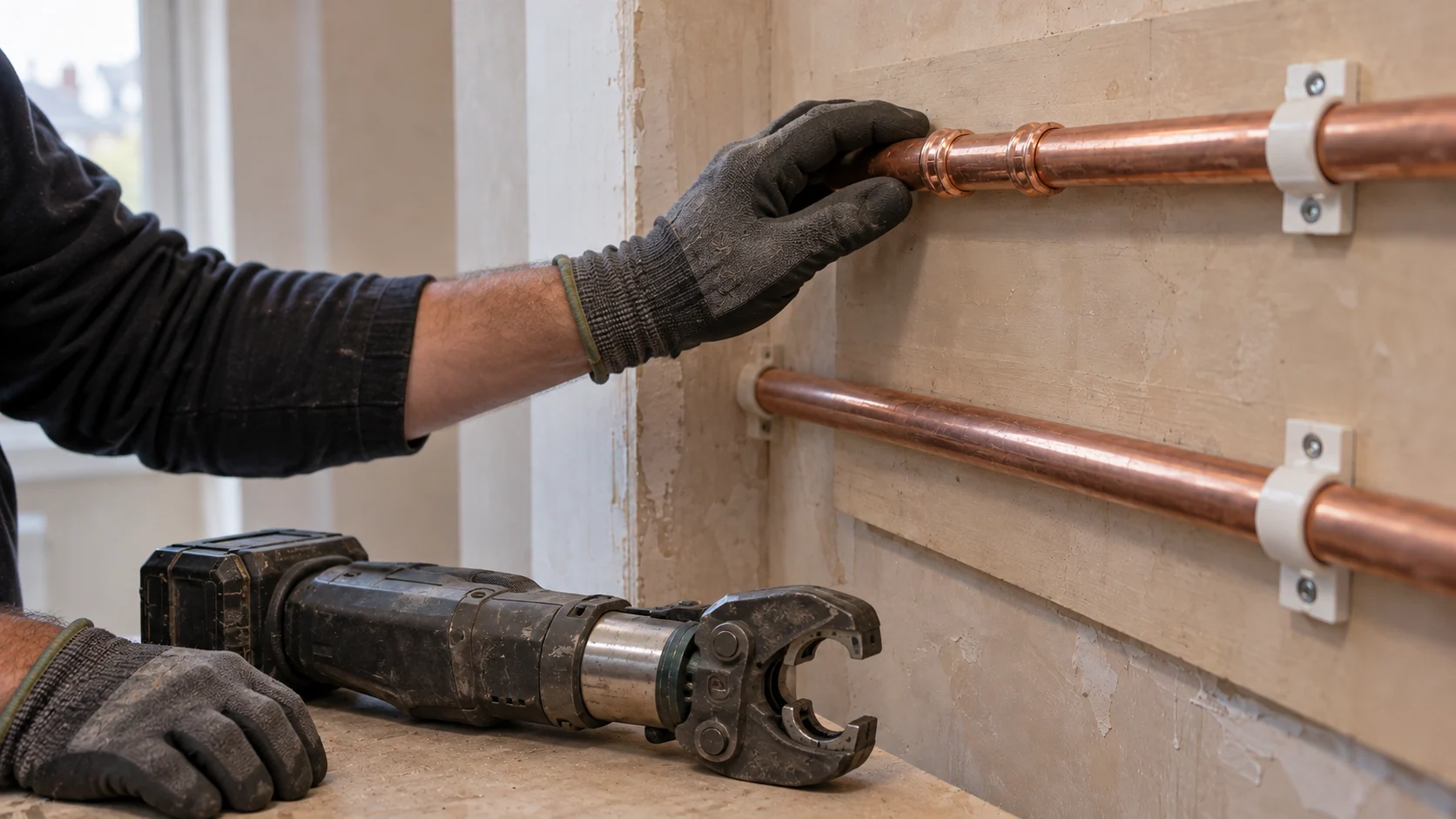 Installer checking a copper press-fit coupling, with a cordless press tool resting on the workbench.