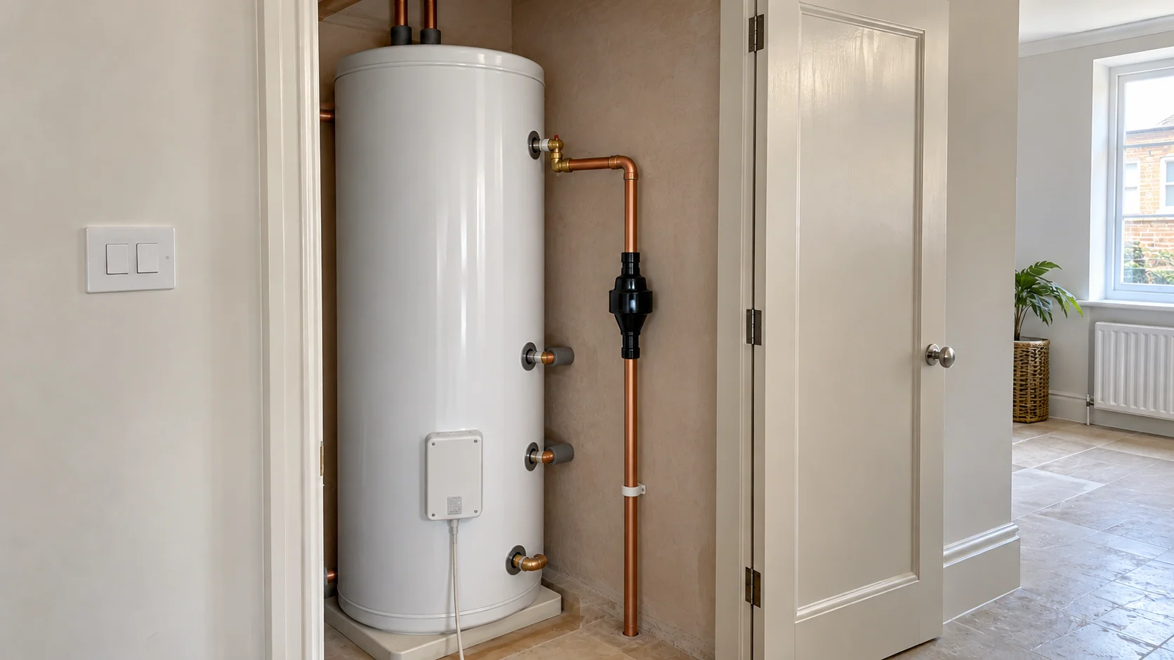 Hot-water cylinder in a utility cupboard with an independent visible tundish discharge route.