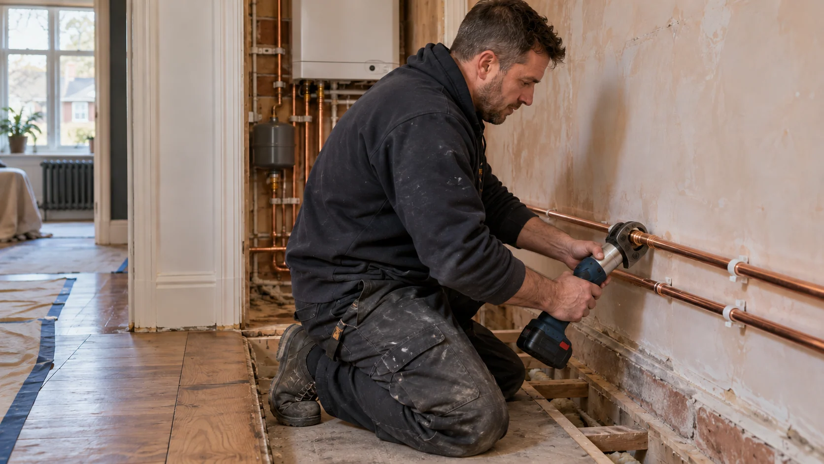 Heating installer using a cordless press tool on supported copper pipework during refurbishment.