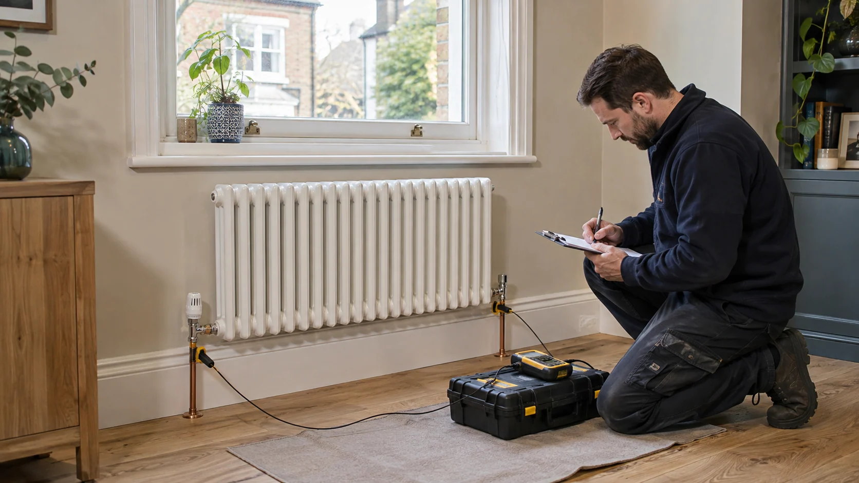 Heating engineer checking radiator pipe temperatures with two connected contact probes during commissioning.