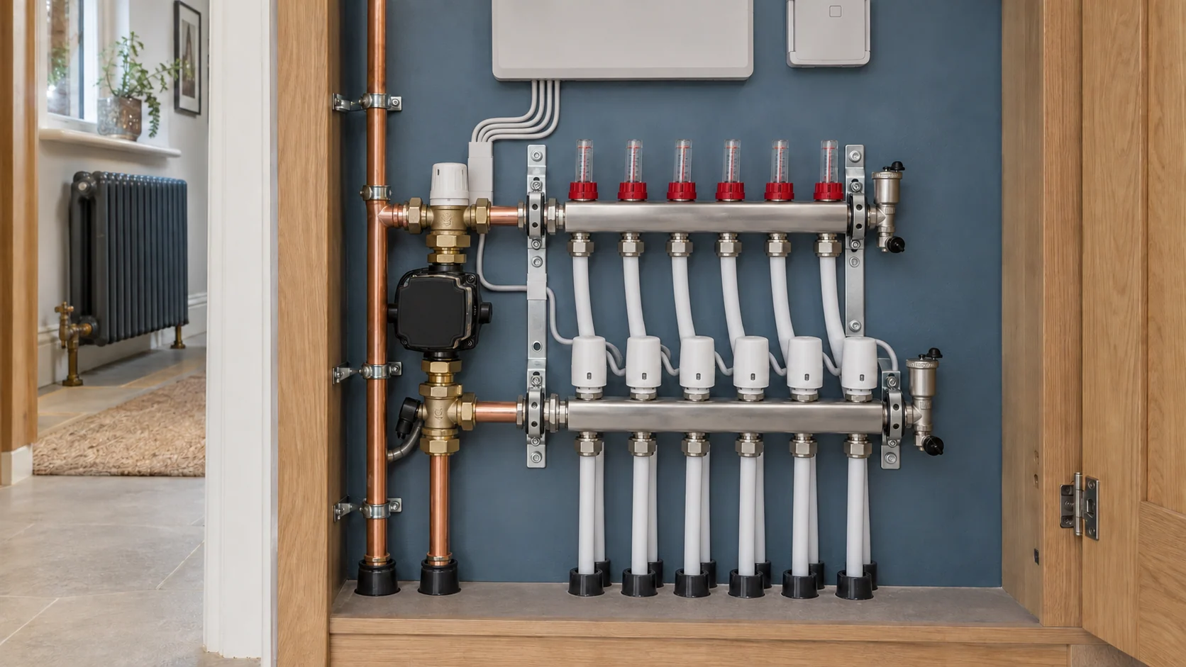 Underfloor heating manifold with flow meters, actuators and connected pipework in an accessible service cupboard.